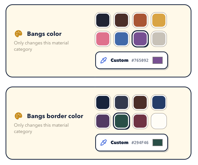Face Square Generator color panels for bangs color and bangs border color, with swatches and custom hex controls