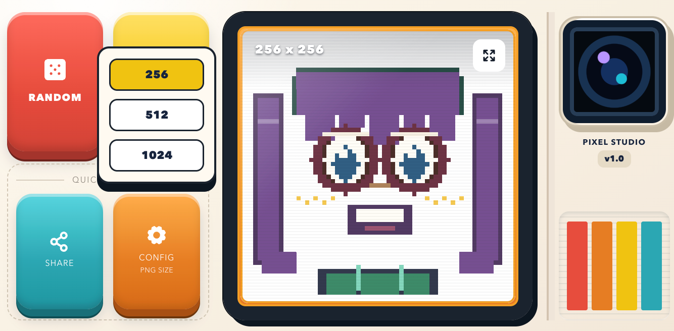 Face Square Generator Config menu showing 256, 512, and 1024 PNG export sizes next to the avatar preview