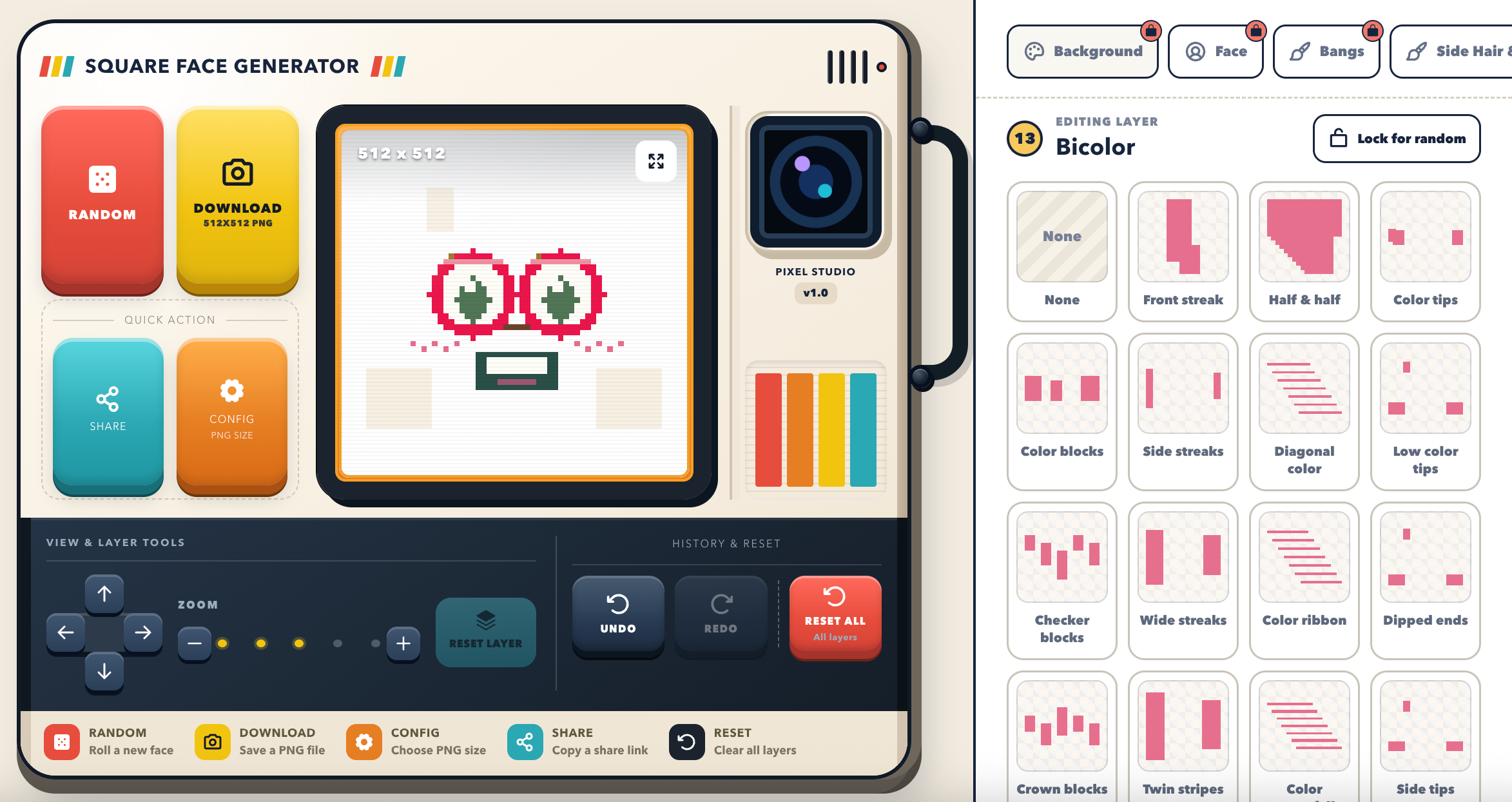Face Square Generator interface with a pixel face preview, Random, Download, Share, Config, and editable layer choices