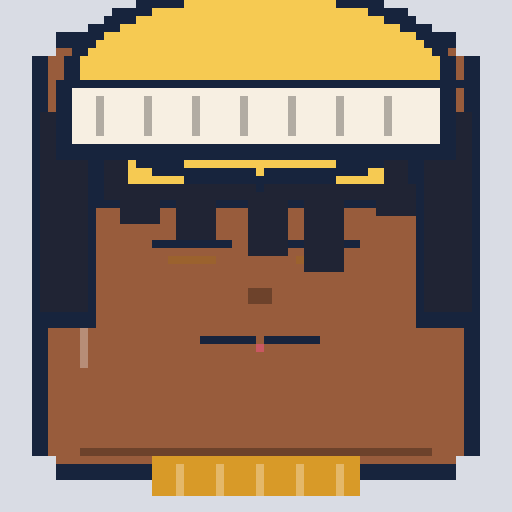 square face with wave bangs, sleepy eyes, beanie, and muted gray background