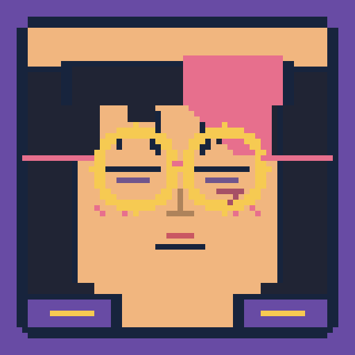 square face with diagonal bangs, sleepy eyes, jacket, cheek scar, and round tint glasses