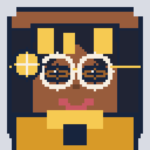 square face with center bangs, round tint glasses, collar shirt, and sun pin