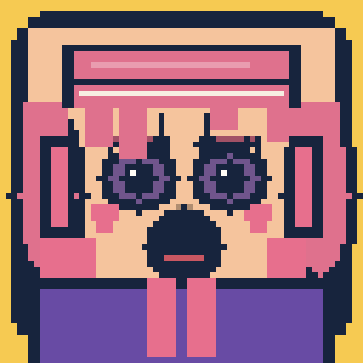 square face with twin tails, zigzag bangs, overalls, and headphones