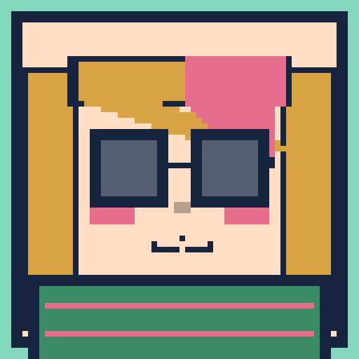 square face with side bangs, sleepy eyes, striped shirt, and square glasses