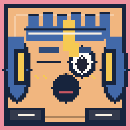 pixel style square profile picture with blue hair and headphones