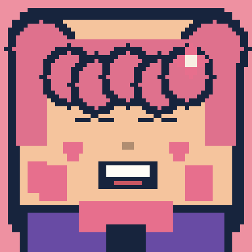square face avatar with curly pink hair, happy eyes, and a bow collar