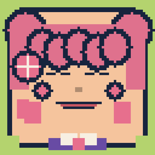 square face with curly bangs, double buns, sailor collar, rose cheeks, and sun pin
