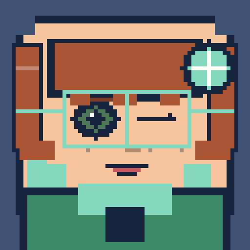 square face with straight bangs, rectangle glasses, collar shirt, and mod badge