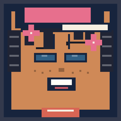 wide square face with pink hair, asymmetric bangs, and a red cap