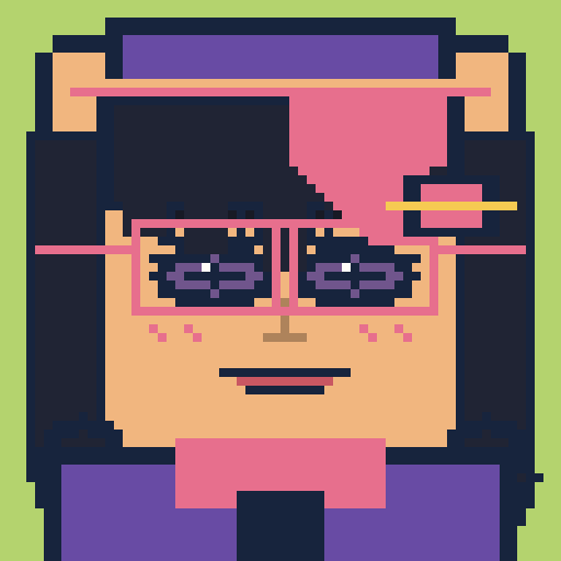 square face with wispy bangs, bucket hat, narrow eyes, slim glasses, and cheek plaster