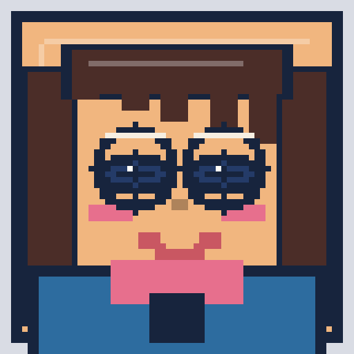 square face with curtain bangs, round glasses, and wide collar