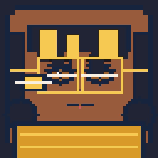 square face with tapered bangs, half-rim glasses, striped shirt, and hairpin