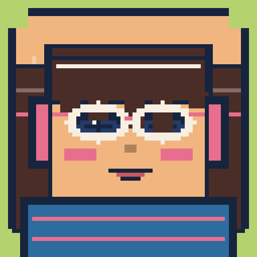 square face with wave bangs, orbit glasses, striped shirt, and headphones