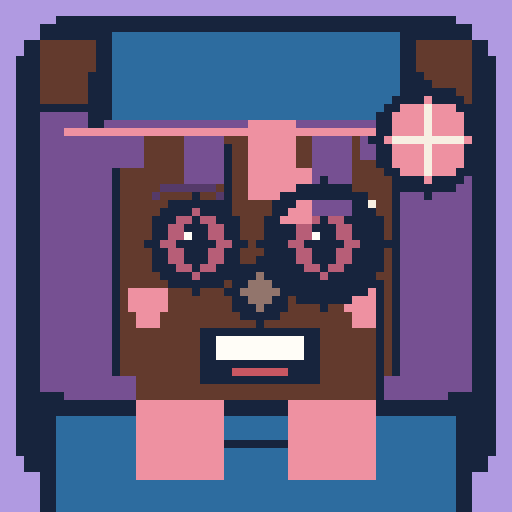 square face avatar with feathered bangs, glossy eyes, and a badge accessory