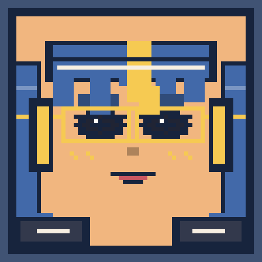 square face with layered bangs, screen glasses, headset, and a dark jacket