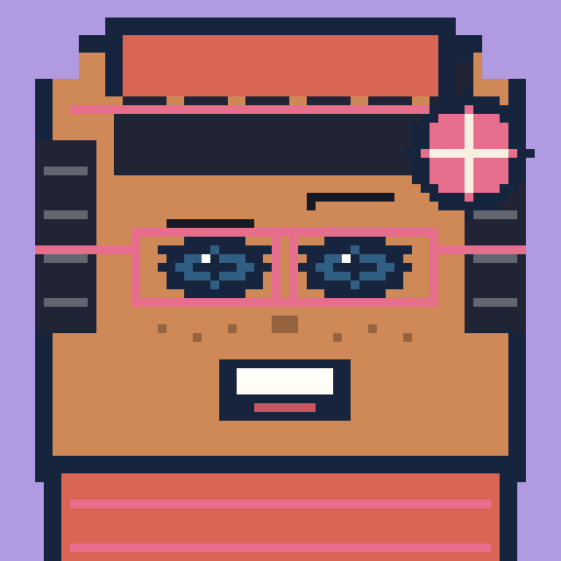 square face with spiky bangs, cadet jacket, wide glasses, and convention badge