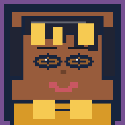 square face avatar with curtain bangs, gentle eyes, and a cardigan