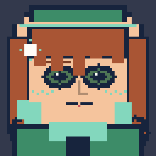 square face with wispy bangs, bucket hat, tilted eyes, pixel cheeks, and cross pin