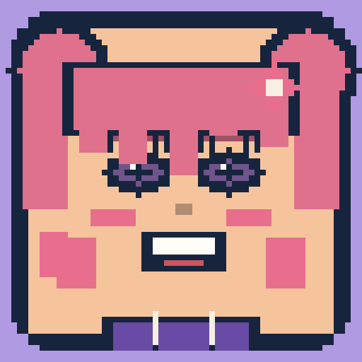 square face avatar with wispy pink bangs, doe eyes, and blush cheeks