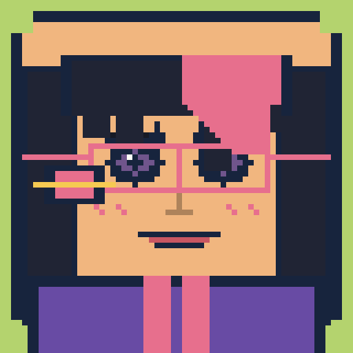 square face with tapered bangs, library glasses, suspenders, and a knowing smirk