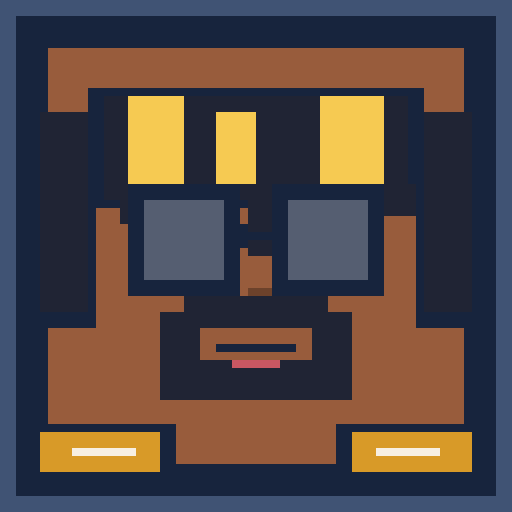 square face avatar with wave bangs, focused eyes, and a jacket