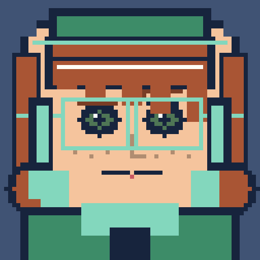 square face with split bangs, mosaic face frame, oversized glasses, bucket hat, and headphones