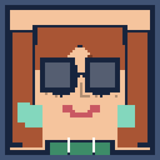 square face avatar with center bangs, square glasses, and a friendly smile