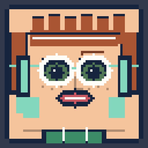 square face with spiky bangs, pixel eyes, goggles, headphones, and a red hoodie
