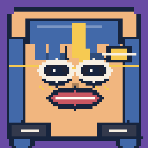square face with zigzag bangs, pixel eyes, orbit glasses, jacket, and cheek plaster