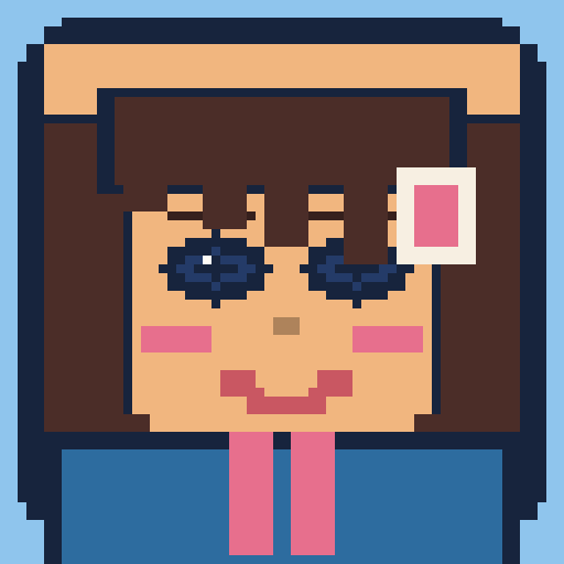 square face with micro bangs, overalls, name tag, and doe eyes