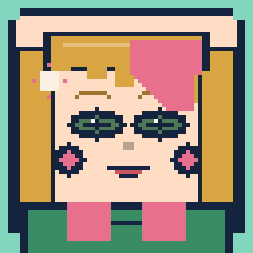 square face with curtain bangs, gentle eyes, soft cheeks, cardigan, and cross pin