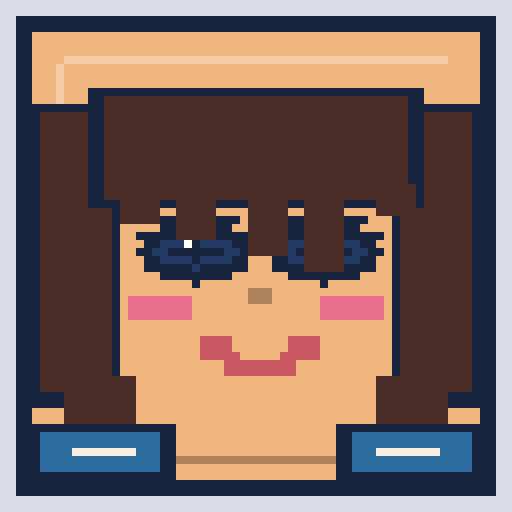 square face avatar with wave bangs, narrow eyes, and a jacket