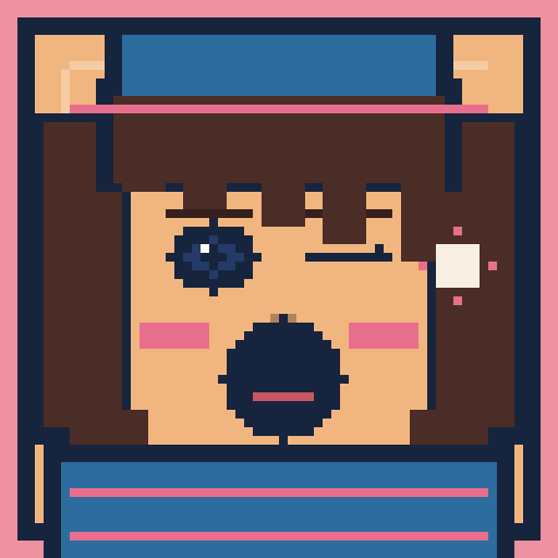 square face with split bangs, surprised eyes, and a pixel crown
