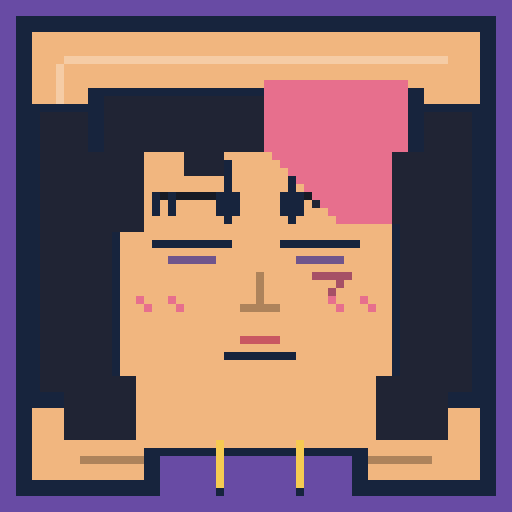 square face avatar with diagonal bangs, sleepy eyes, and a hoodie