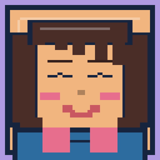 square face avatar with curtain bangs, happy eyes, and a cardigan