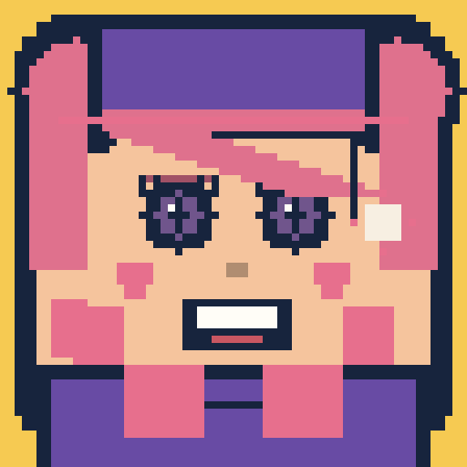 square face avatar with sparkling eyes, a beret, and golden background