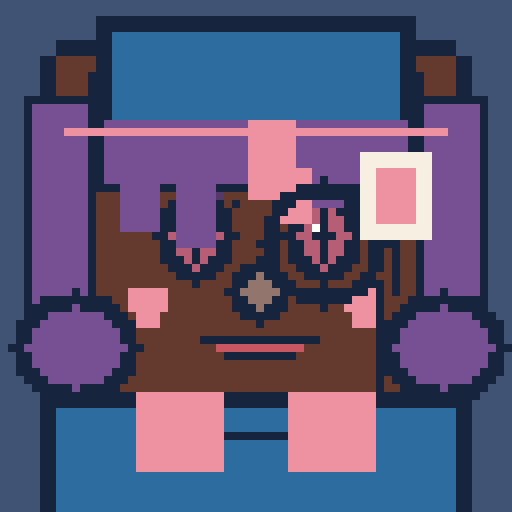square face with crescent bangs, braids, flat cap, monocle, and crescent eyes