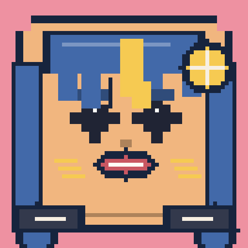 square face with zigzag bangs, star eyes, stripe cheeks, jacket, and badge