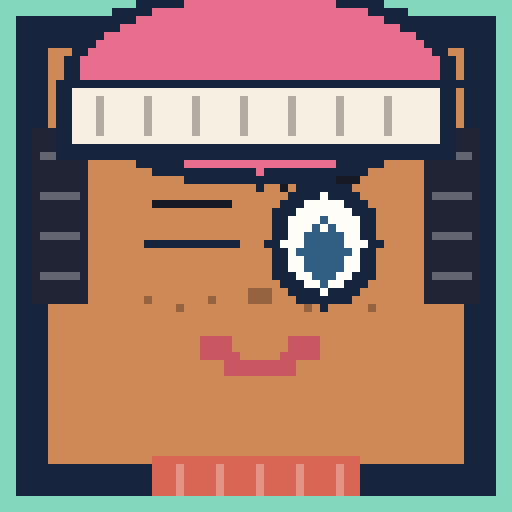 square face avatar with spiky bangs, a wink, and a beanie