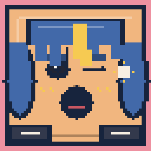square face avatar with zigzag bangs, surprised eyes, and a jacket