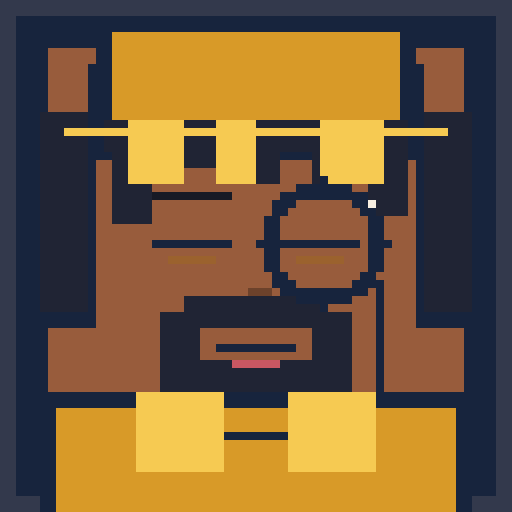 square face with flat cap, monocle, beard, and scalloped bangs