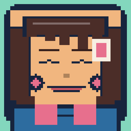 square face with curtain bangs, happy eyes, cardigan, and name tag