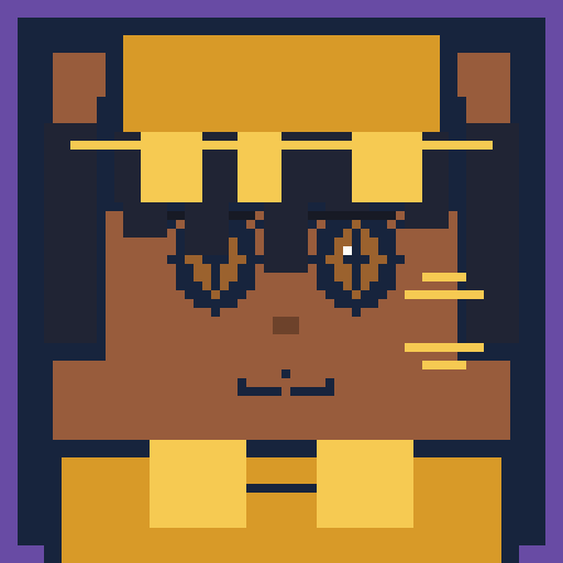 square face with wispy bangs, crescent eyes, beret, and ribbon clip