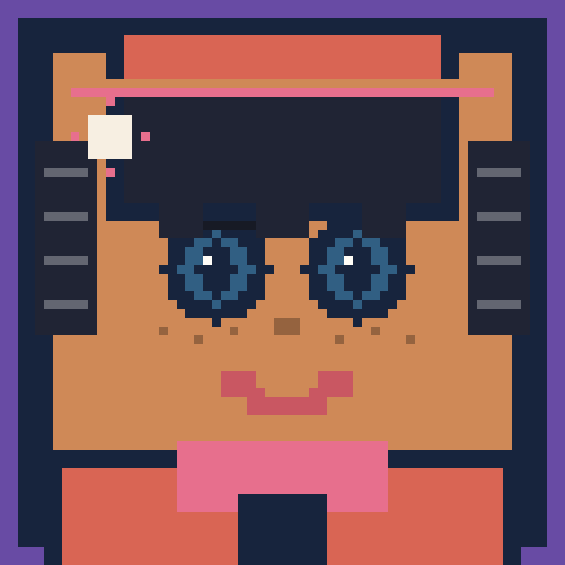 square face avatar with glossy eyes, a bucket hat, and sparkle accessory