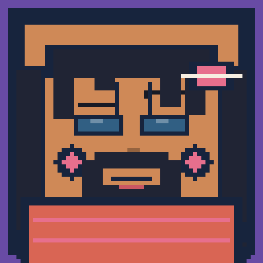 wide square face with diagonal bangs, rugby shirt, beard, and bandage sticker