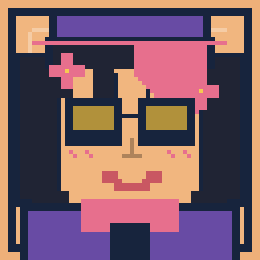 square face avatar with asymmetric bangs, playful eyes, and a headband