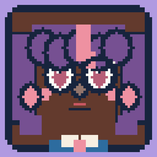 square face icon with purple hair and a monocle