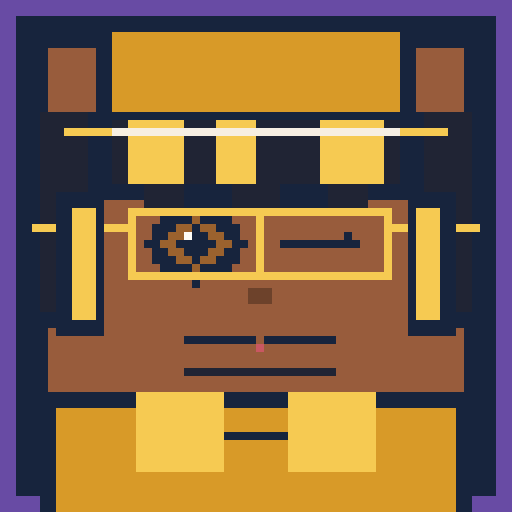 square face with flat cap, classic glasses, headphones, and moustache