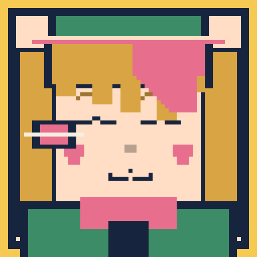 square face with micro bangs, headband, sticker cheeks, and hairpin