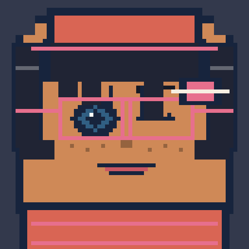 square face with tapered bangs, cadet jacket, slim glasses, cheek plaster, and smirk